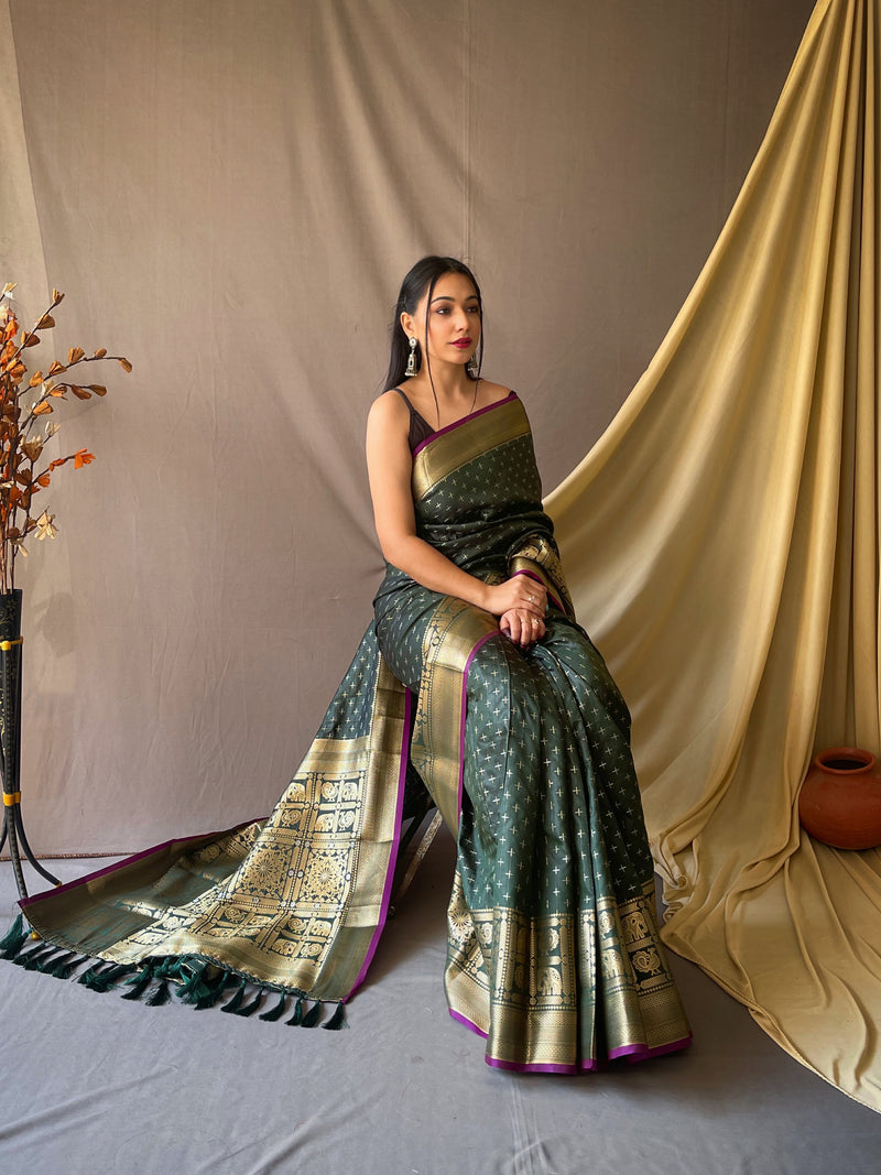 This Beautiful Soft Silk Saree Is Having Checks Silver And Gold Zari Weaves All Over The Body Of Saree, Having Gold Zari Woven Broad Border And Crafted With Elegant Pallu.