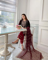 A VELVET CORDING SEQUENCE EMBROIDERY WORK SUIT WITH DUPATTA