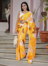 LUXURIOUS SATIN PRINTED DESIGNER SAREE WITH EXCLUSIVE LUCKNOWI BLOUSE AND HAND BAG