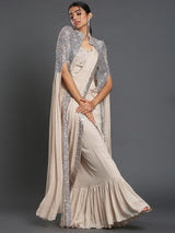 PRESENTING READY TO WEAR DESIGNER SAREE WITH SHRUG AND LUSHES OF SEQUENCE